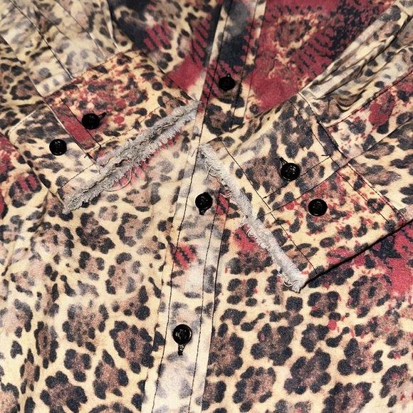 One 24 Red Black Plaid button down shirt with cheetah design/raw hem - Picture 8 of 12